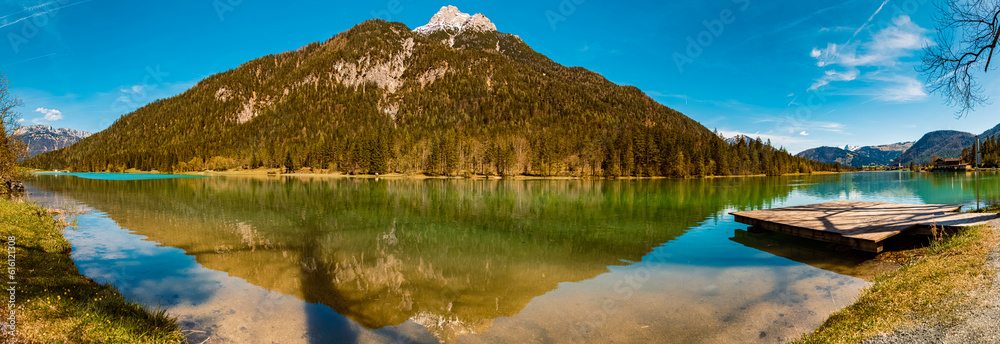 High resolution stitched summer panorama with reflections at Lake Pillersee, Saint Ulrich, Tyrol, Austria