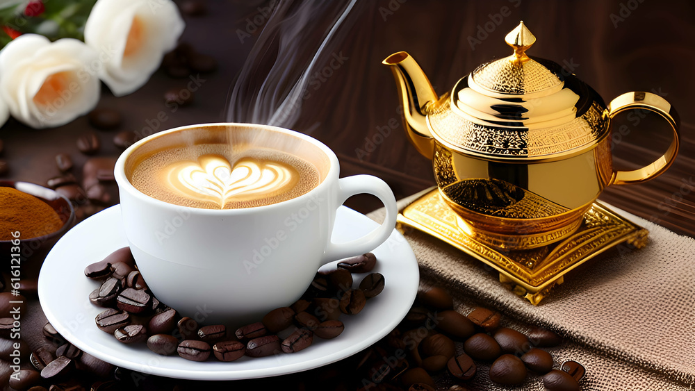 Royal cup of coffee with beans