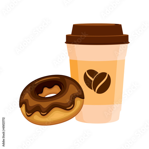 Coffee paper cup and chocolate donut vector illustration. Brown plastic coffee cup to go and doughnut icon vector isolated on a white background