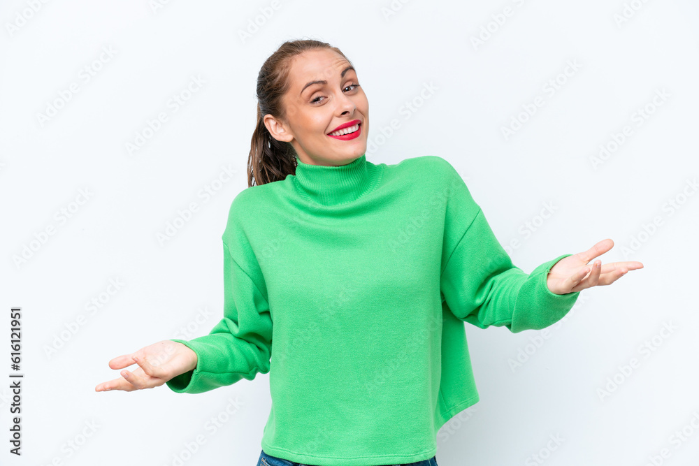 Young caucasian woman isolated on white background happy and smiling Young caucasian woman isolated on white background happy and smiling