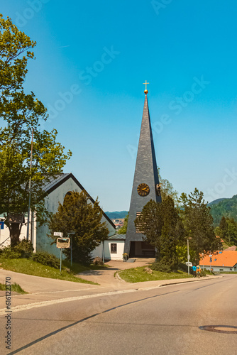 Alpine summer view with a church near Steibis, Oberstaufen, Oberallgaeu, Bavaria, Germany