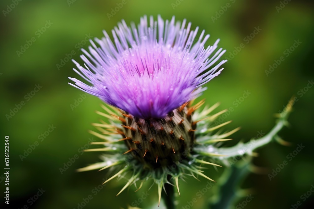 Milk thistle flower close up. Generative AI Milk thistle flower close up. Generative AI