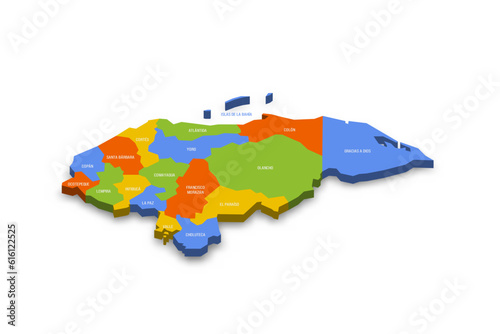 Honduras political map of administrative divisions - departments. Colorful 3D vector map with country province names and dropped shadow.