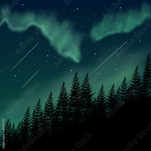 Pine forest view with aurora borealis meteor and starry night sky graphic wallpaper background