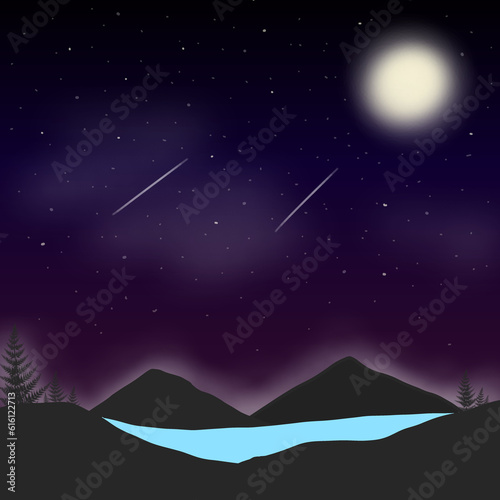 Mountain lake view with moon starry night sky wallpaper background
