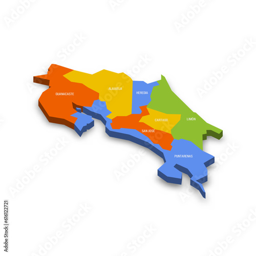 Costa Rica political map of administrative divisions - provinces. Colorful 3D vector map with country province names and dropped shadow. photo