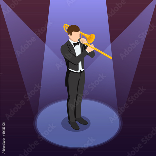 Isometric trombone orchestra brass instrument. Male musician playing a trombone