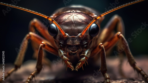 Ultra macro cockroach portrait, detailed close-up image of cockroach face, generative ai