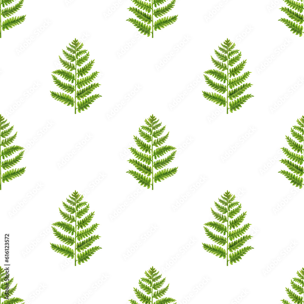 Hand drawn watercolor seamless pattern of green grass, foliage, branches, leaves for spring and summer wedding, birthday, greeting card, menu, banner, border. Seamless pattern for green background.
