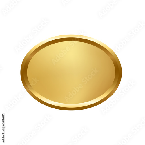 Gold ellipse button with frame vector illustration. 3d golden glossy elegant oval design for empty emblem, medal or badge, shiny and gradient light effect on plate isolated on white background