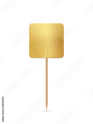 Gold square flag on wooden toothpick. Golden foil or paper topper for cake or other food isolated on white background. Blank mockup for advertising and promotions, location mark, map pointer