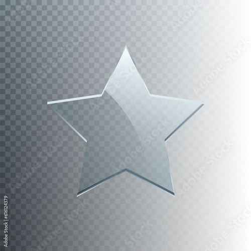 Glass star vector illustration. 3D realistic blank clear five point award star, transparent trophy prize and crystal plaque decoration for winner, cristal rank button for rating from glossy material