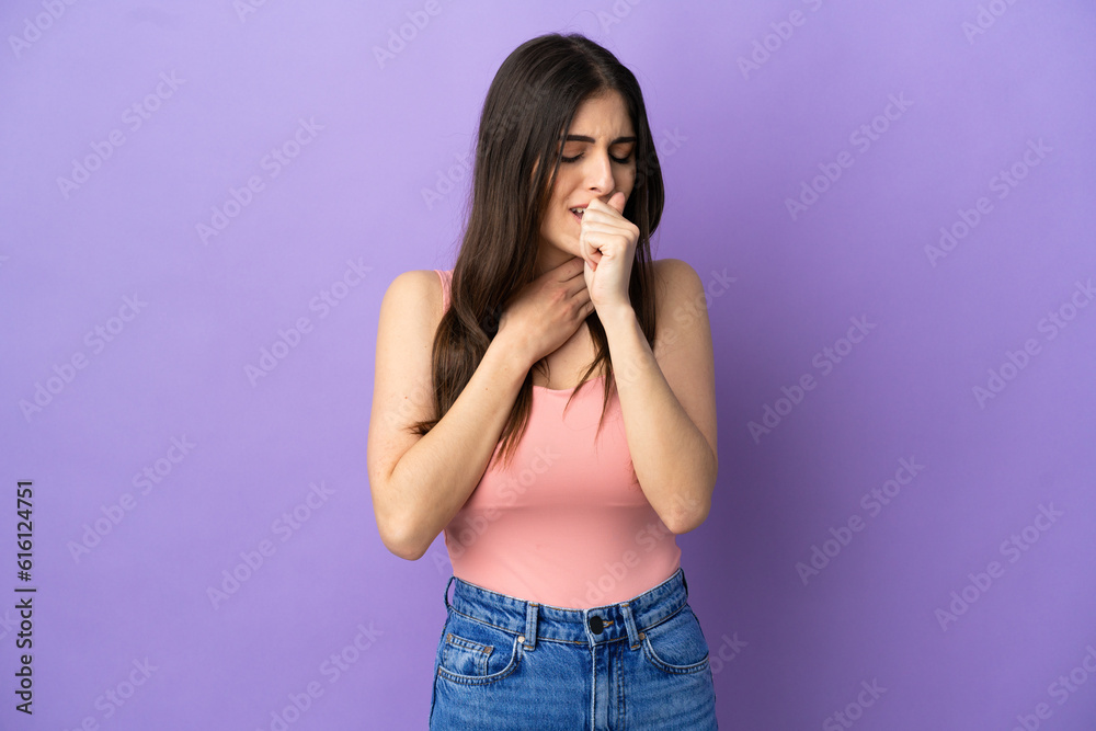 Young caucasian woman isolated on purple background coughing a lot Young caucasian woman isolated on purple background coughing a lot