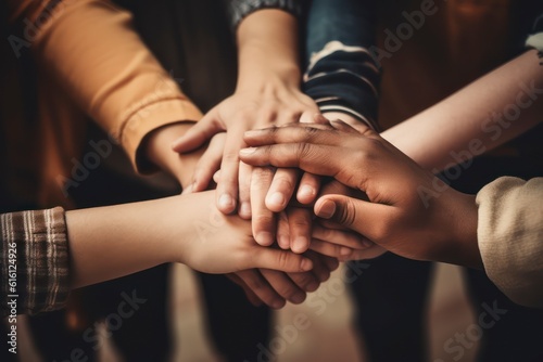 photo crop hands stacked together in circle. Generative AI