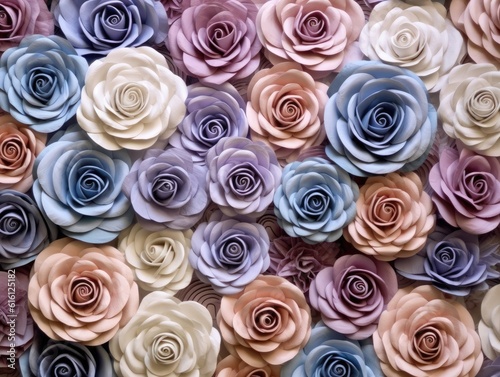 Flowers wall background with blue, white and purple rose flower made from paper crowding in the frame, in the style of an aerial view. Generative AI