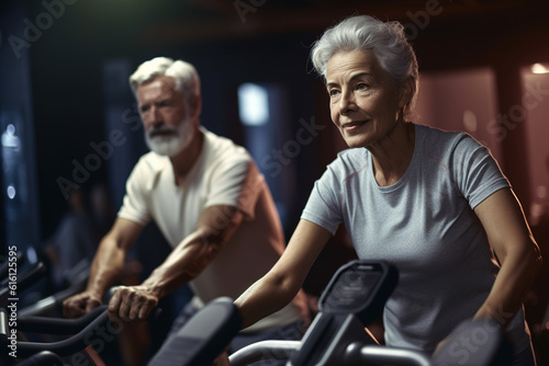Elderly couple working out on bike machine in fitness gym.