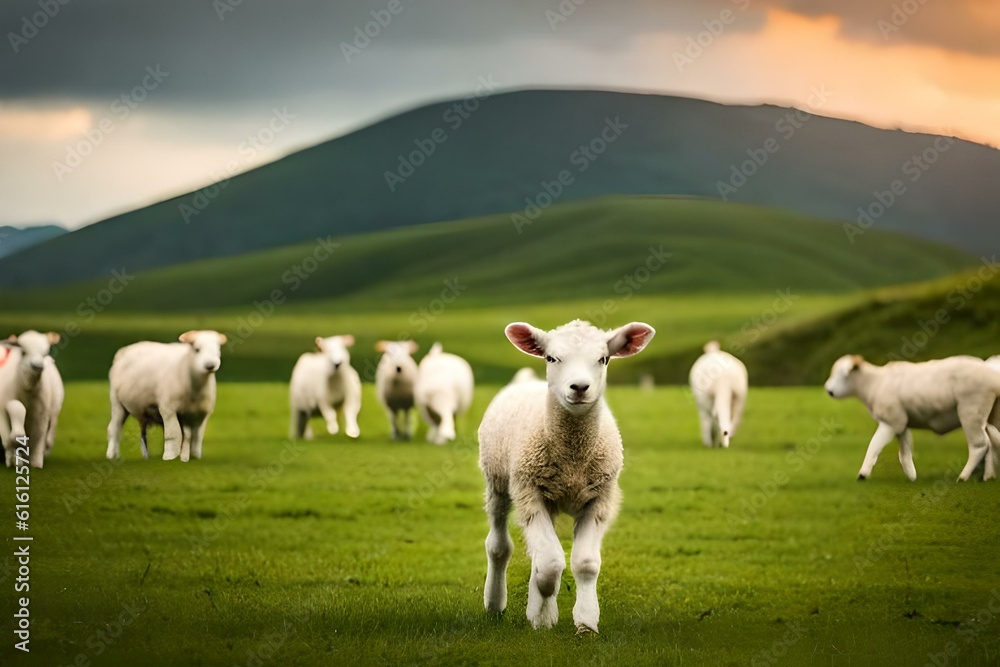 lambs and sheep grazing in field generated AI 