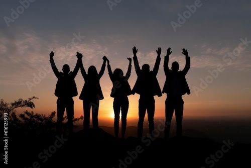 Photo silhouette of happy business team making high hands in sunset sky background. Generative AI