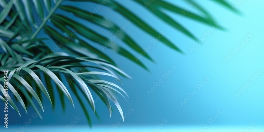 Fototapeta premium Minimal abstract tropical background with palm leave and blurred blue wall Generative AI Illustration
