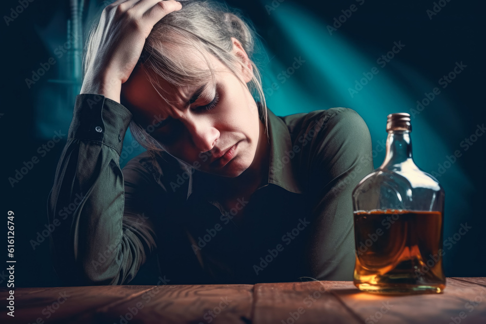 Drinking or alcohol abuse problem. Woman sitting at desk with alcoholic drink, looking tired and sad. Generative AI Drinking or alcohol abuse problem. Woman sitting at desk with alcoholic drink, looking tired and sad. Generative AI