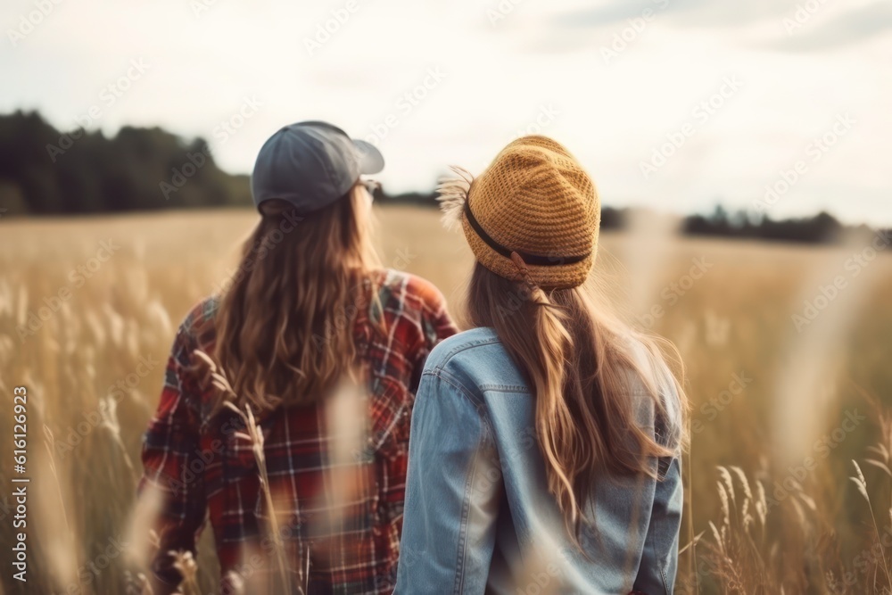 two hipster teenage girlfriends having fun in field. women lifestyle concept. Generative AI