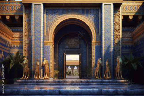 An image featuring abstract interpretations of the majestic Ishtar Gate, with intricate patterns and vibrant blue and yellow tones. Generative AI technology. photo