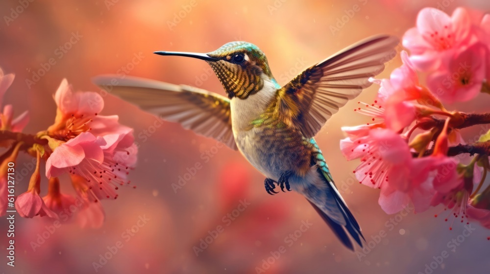 Fototapeta premium A Hummingbird's Serenade in the Beautiful Pink Bokeh Flower Forest.