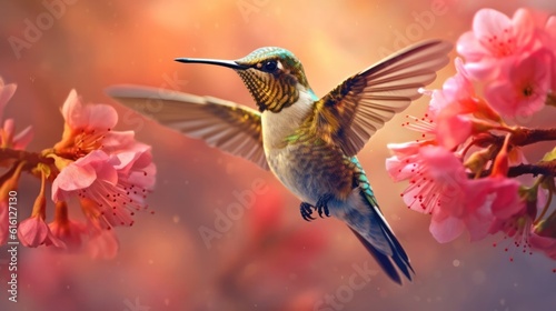 A Hummingbird's Serenade in the Beautiful Pink Bokeh Flower Forest.