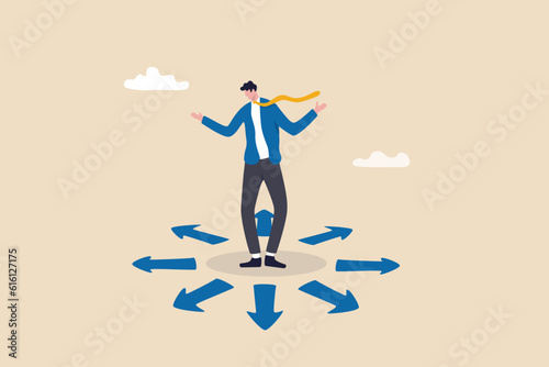 Choose career path, make life decision choice, decide the right or wrong direction, opportunity challenge, confusion or thinking to find the way concept, confused businessman choosing direction.