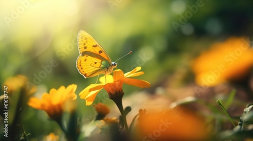 Captivating Flowers, a Yellow Butterfly, and Sunlit Flower in a Fairy-Tale Close-Up.