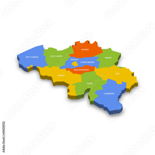 Belgium political map of administrative divisions - provinces. Colorful 3D vector map with country province names and dropped shadow.