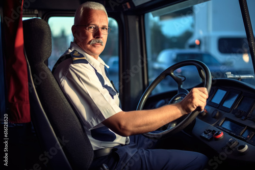 Older Caucasian man in uniform shirt, sitting behind steering wheel of bus or truck. Large vehicle driver concept. Generative AI