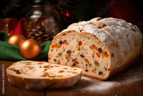 Christmas stollen on a textured table. Traditional German Christmas dessert cut into pieces. Cake with nuts, cinnamon, raisins, dried fruits and marzipan. baking for Christmas. Generative AI