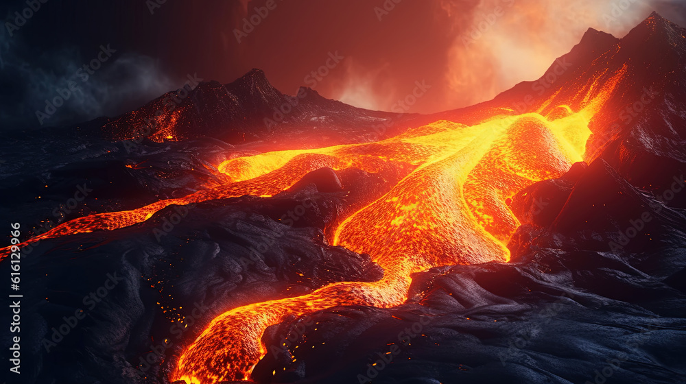 Breathtaking view of a volcano with a lava flow