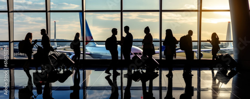 Silhouettes of people at airport hall, some passengers with luggage, airplane visible behind large windows. Generative AI