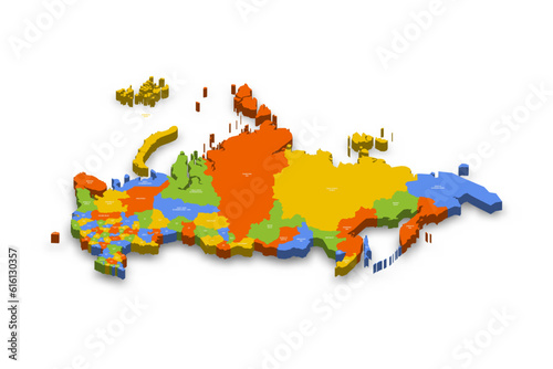 Russia political map of administrative divisions - oblasts, republics, autonomous okrugs, krais, autonomous oblast and 2 federal cities of Moscow and Saint Petersburg. Colorful 3D vector map with