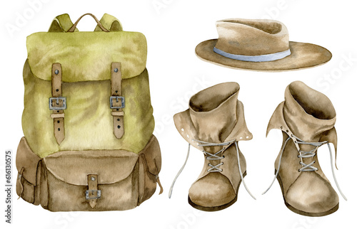 Set with Vintage Backpack, leathery Boots and Hat. Hand drawn watercolor illustration of travel equipment on white isolated background for adventure and tourism. Drawing of old retro bag for hiking.