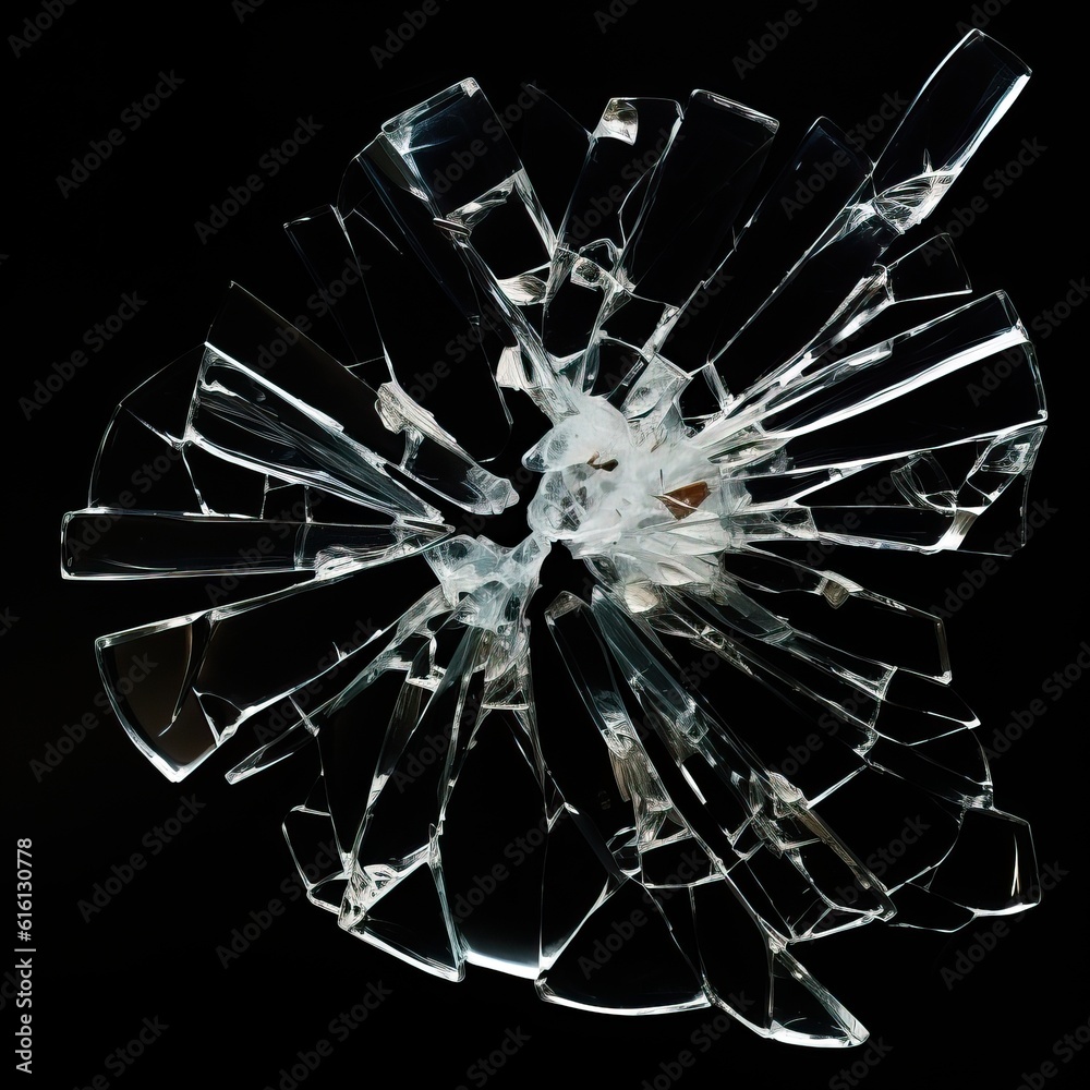 cracked glass object on black background, smashed glass texture
