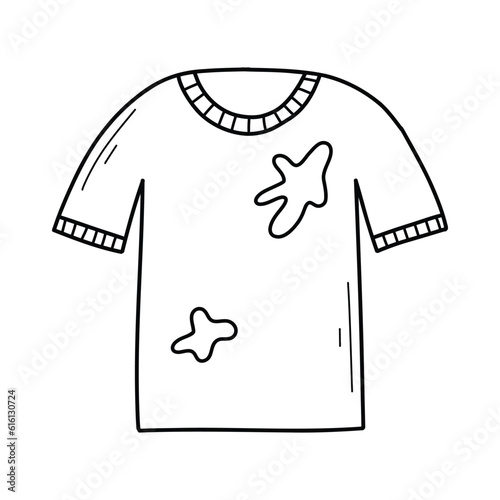 Dirty t-shirt in doodle style. Vector illustration. T-shirt with a stain in a linear style. Isolated on white background.