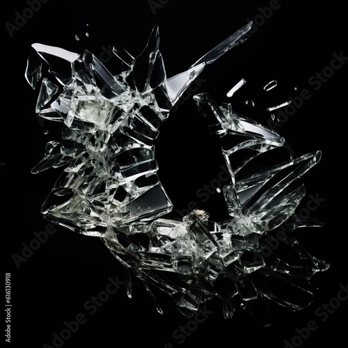 cracked glass object on black background, smashed glass texture, shards of broken glass on black wallpaper photo