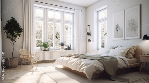 Master bedroom of a Scandinavian modern apartment. Bright and airy, with light wooden floors and minimalist decor. Generative AI © piai