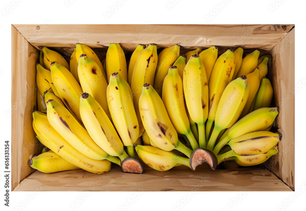 Wooden box full of banana. Beautiful fruit texture. Background texture food.