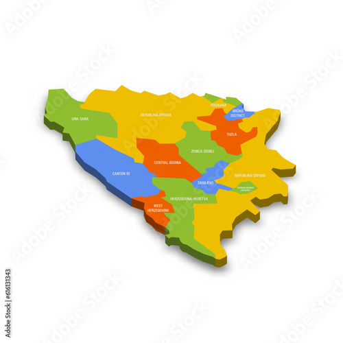 Bosnia and Herzegovina political map of administrative divisions - cantons of Federation of Bosnia and Herzegovina and Republika Srpska. Colorful 3D vector map with country province names and dropped