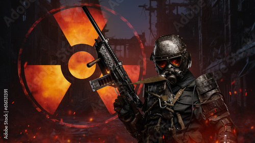 Soldier in futuristic armor, made for shielding against radiation, holds a conceptual rifle amidst blazing atmosphere. Backdrop features a massive sign of nuclear protection in a world ravaged by war