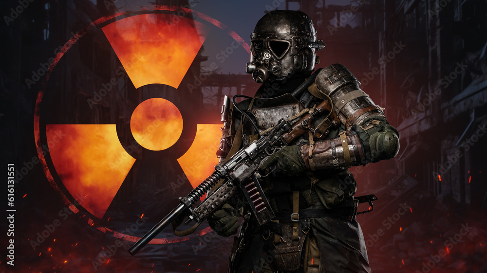 Fototapeta premium Post-apocalyptic soldier, protected by a unique suit, stands against a backdrop of a nuclear safety sign. He carries a conceptual rifle, a symbol of survival in a radioactive wasteland