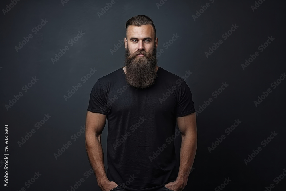 Stylish man with long beard in black t-shirt on dark background, mock-up for design, Generative AI Stylish man with long beard in black t-shirt on dark background, mock-up for design, Generative AI