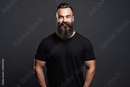 Stylish man with long beard in black t-shirt on dark background, mock-up for design, Generative AI