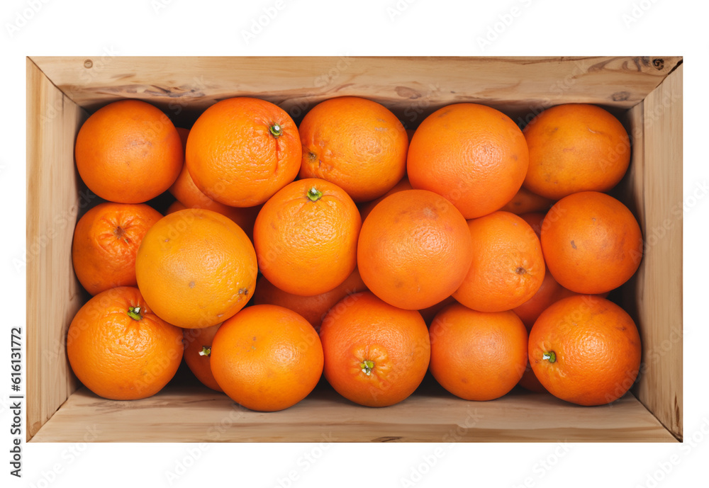 Wooden box full of orange Beautiful fruit texture. Background texture food.