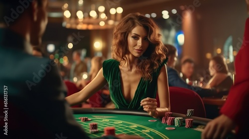 Confident woman effortlessly navigates the blackjack and poker tables, leaving her opponents in awe with her strategic skills and calculated moves. Generative AI