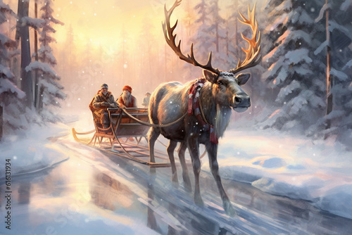 Postcard illustration of santa claus in a sleigh with a reindeer